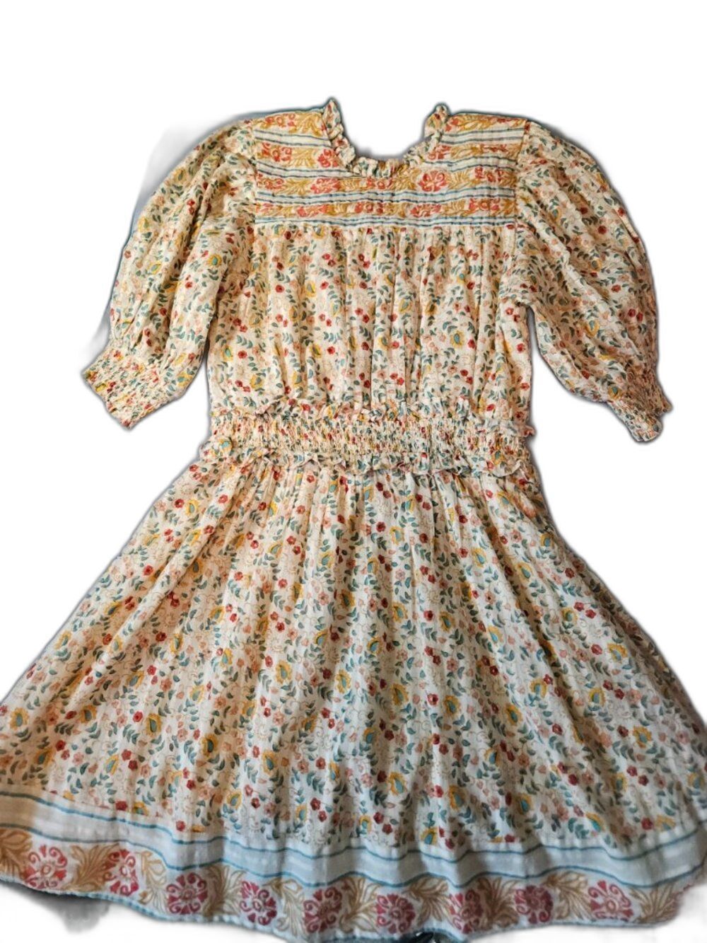 Cleobella Organic Cotton Woodblock Print Smocked Midi Dress Large Tassel Boho - Picture 2 of 8